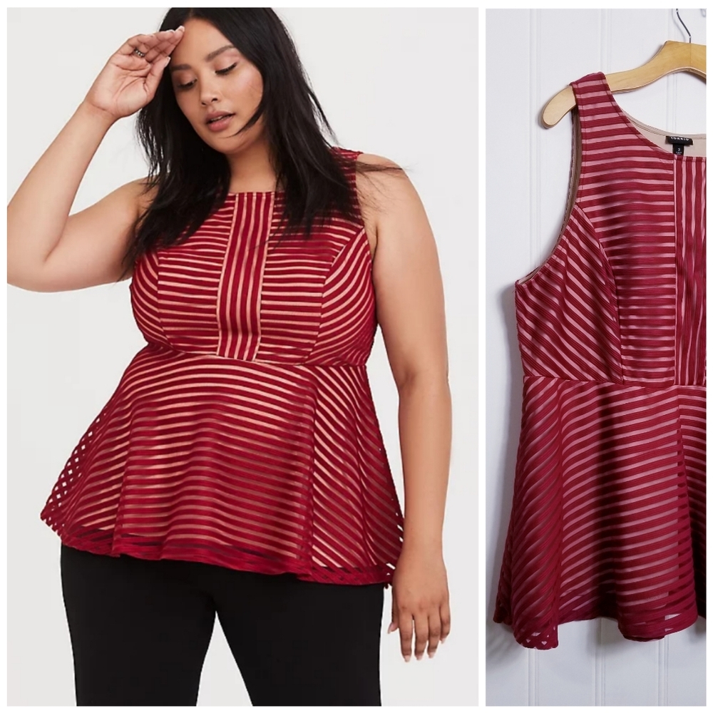 Torrid Peplum Top, Red Shadow Stripe 3X